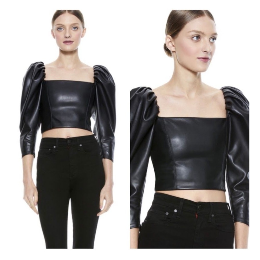 Alice + Olivia Black Vegan Leather Puff Sleeve Crop Top‎ - Size 4